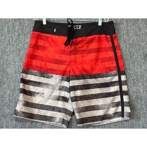 No Fear Mens Red Black Striped Board Shorts Swim Trunks Size 34 88B04086